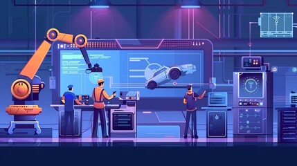 An industrial engineer working with AI in an artificial intelligence concept, a technical manager overseeing engineers, controlling robotics with monitoring system software and industry icons.