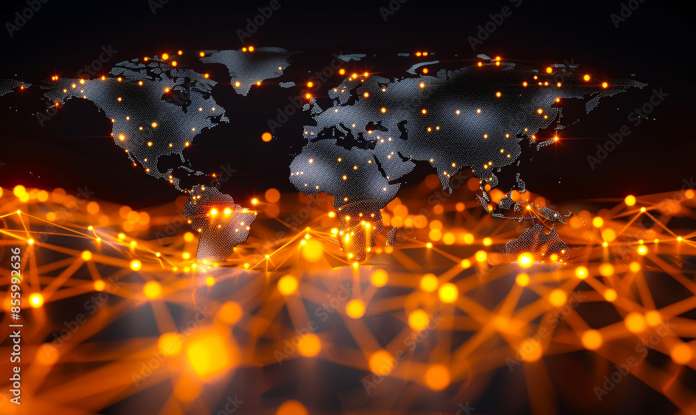 Poster glowing orange global network connections: illuminated paths connecting the digital world over a wor