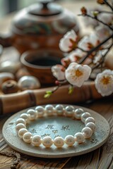  a pearl bracelet on a light gray stone plate in the style of a traditional Chinese background. In the back is a Chinese tea set and wooden table. 