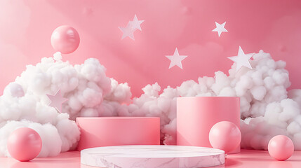Dreamy pink background with clouds, stars, and geometric podiums perfect for product display or advertisement.
