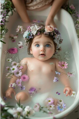 Fototapeta premium baby girl with blue eyes , wearing flower wreath on head lying in milk white water inside big bathtub surrounded by purple pink green flowers and woman holding her hands up near the side