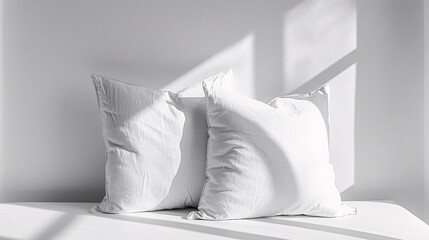 Minimalist white pillows in bright sunlight, casting soft shadows in a serene, modern bedroom setting.