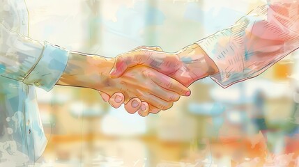 Professional handshake, bright and cheerful office background, watercolor style, light pastel colors, both individuals smiling