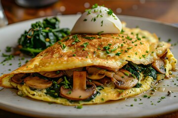 A gourmet omelette served with spinach, mushrooms, melted cheese and fresh mozarella on top