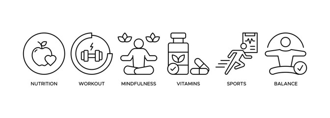 Healthy living banner web icon illustration concept with icon of nutrition, sport, exercise, vitamin, no smoking, balance, weight, relax and lifestyle