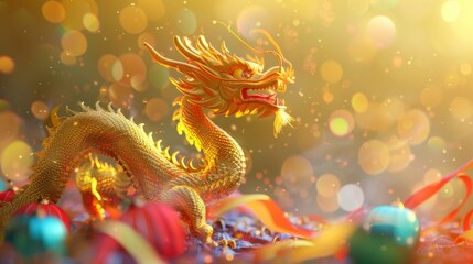 Golden Dragon Statue with Festive Decorations, Generative AI
