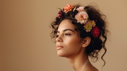 Naklejka premium Side profile of a young woman adorned with colorful flowers in her naturally curly hair
