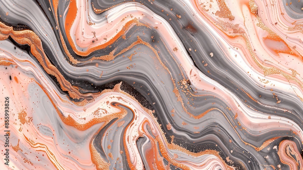 Poster flowing liquid forms an abstract marble pattern with shimmering rose gold flecks.