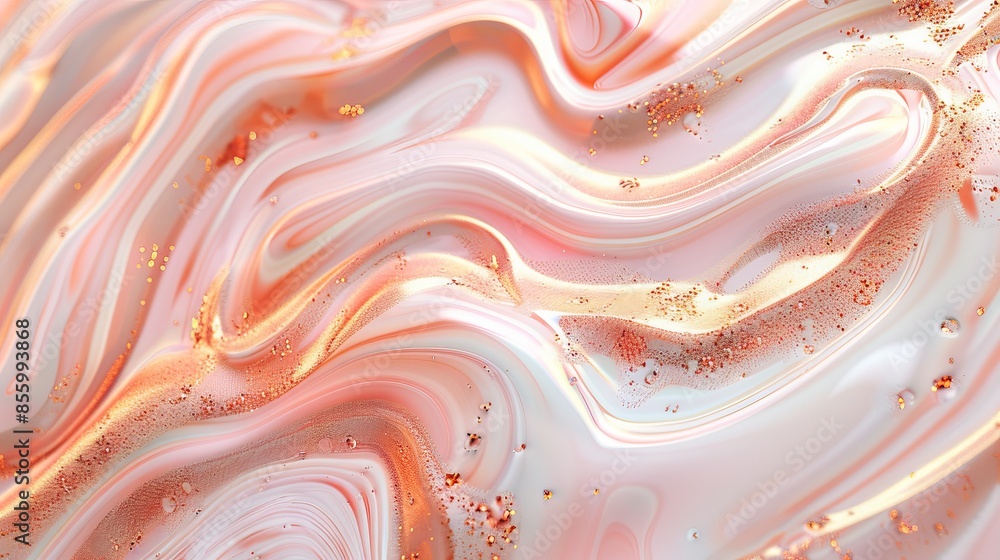 Poster flowing liquid forms an abstract marble pattern with shimmering rose gold flecks.