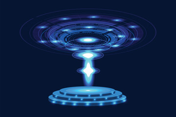 Futuristic sci-fi background. Blue circle portal with light flares and sparkles