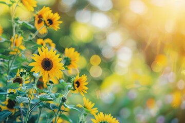 Obraz premium Backside view of yellow sunflowers in a field in the summer