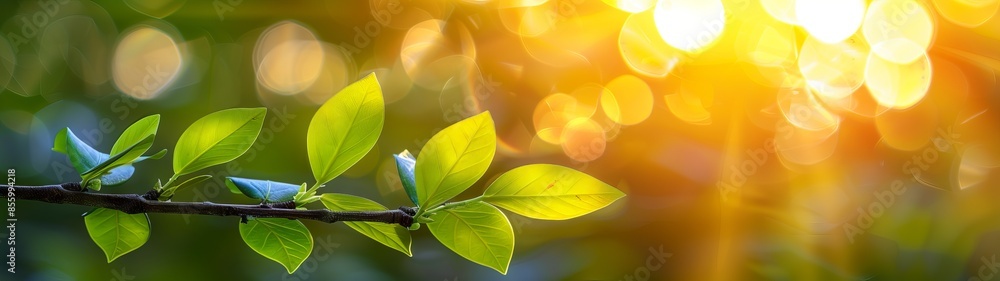 Poster maple branches with green leaves against a background of sunny bokeh. light filters through the foli