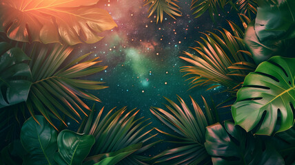 Fototapeta premium tropical leaves arranged artfully with a cosmic space background, capturing the beauty of nature and the universe, (1)