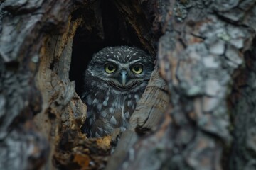 A wild little owl owlet waiting for his parents to feed him.