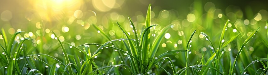 Fototapeta premium green leaves of grass against the background of sunlight penetrating through the trees. Concept: background about nature, environmental and conservation projects.