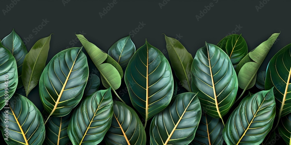 Poster green ficus leaves on a dark background. leaves of different sizes and shapes create a contrasting a