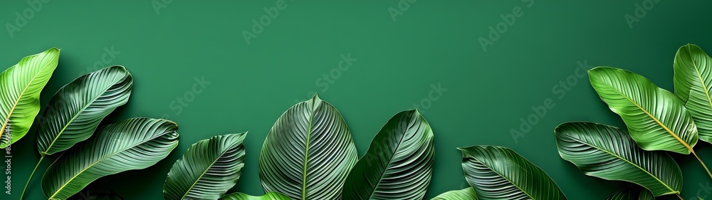Poster green ficus leaves on a dark background. leaves of different sizes and shapes create a contrasting a