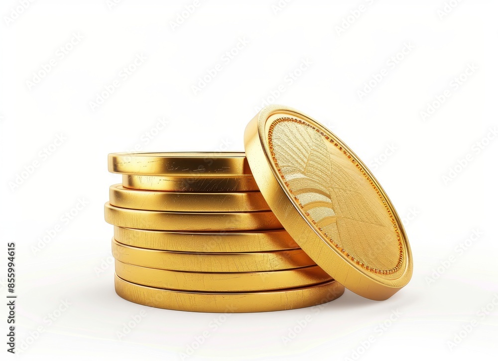 Poster a stack of gold dollar coins on a white background with a 3d rendering is shown