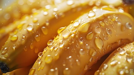 Fresh bananas with water droplets, symbolizing the natural and healthy nature of banana fruits. making it ideal for promotional materials or product ads in the style of product ads.
