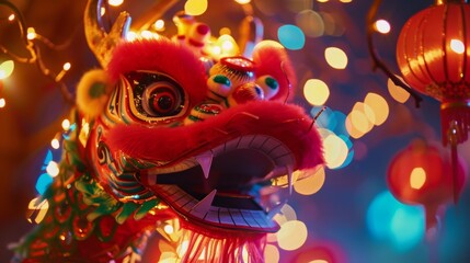 Fototapeta premium Vibrant Chinese Dragon Head with Festive Lanterns, Generative AI