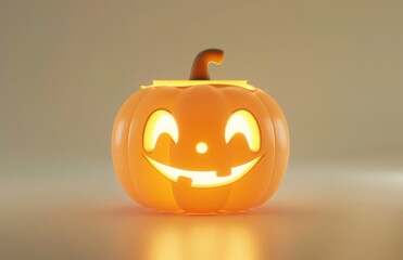 An isolated 3d realistic scary pumpkin with yellow light glowing on the front side is on a white background decorated with a clipping path for decoration. Halloween design.
