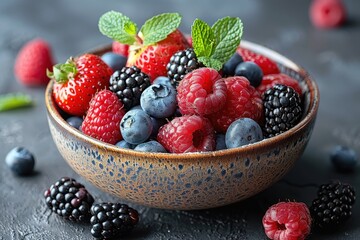 A bowl of mixed berries, including strawberries, blueberries, raspberries, and blackberries, with a sprinkle of mint leaves on top.