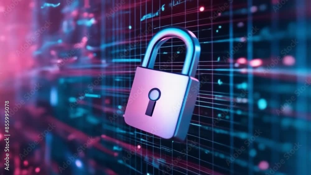 Poster digital lock representing security front view blurred technology background cybernetic