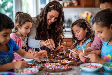 Fototapeta premium female and kids baking decorating cookies at a table in a kitchen