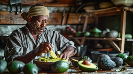 Fototapeta premium Middle-aged man making guacamole in a rustic kitchen, surrounded by fresh avocados and earthy decor.