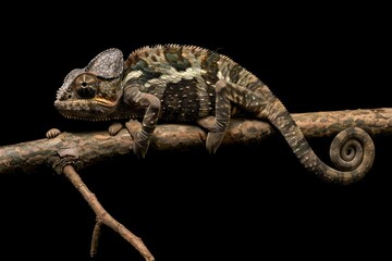 Fototapeta premium A yemen chameleon on his favourite stick isolated against a black background
