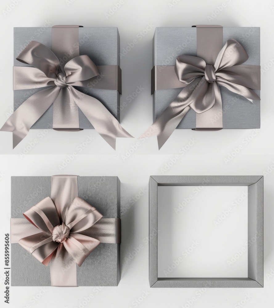 Aufkleber a present box with silver ribbon bow is shown on white background in 3d rendering with clipping path