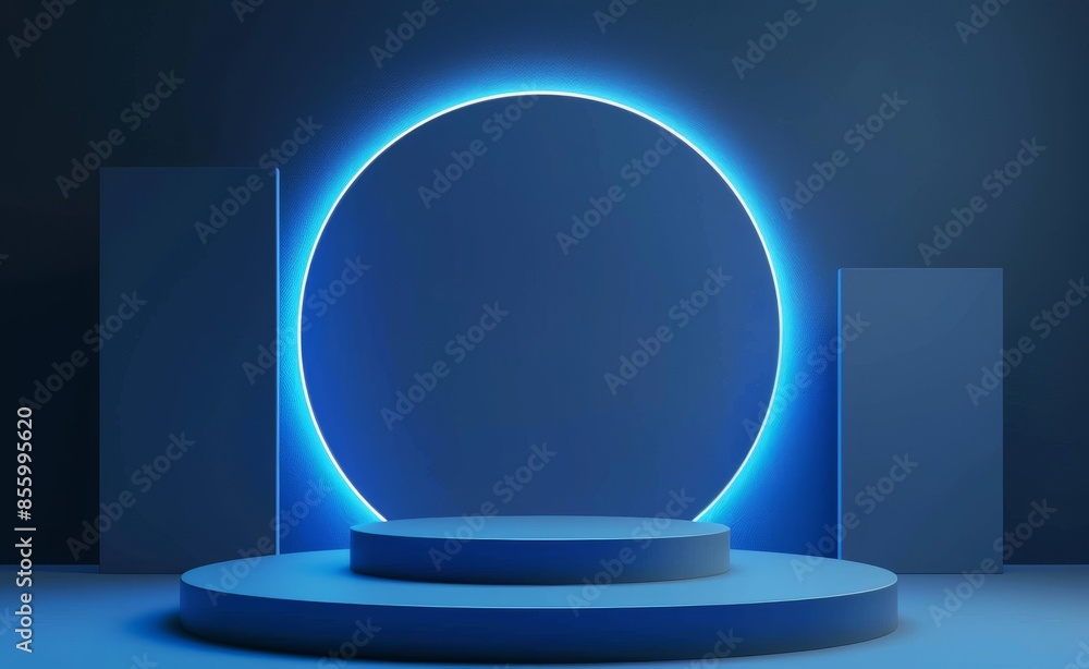 Poster 3d rendering of a round podium on a purple background for an advertisement stand