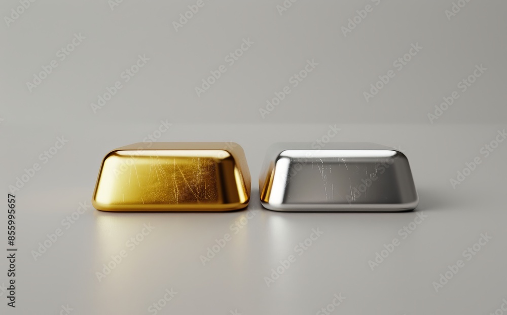 Aufkleber the ingots of gold and silver are rendered in 3d with clipping paths on a gray background