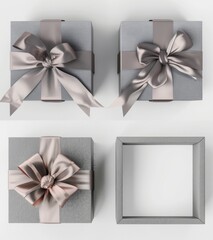 A present box with silver ribbon bow is shown on white background in 3D rendering with clipping path