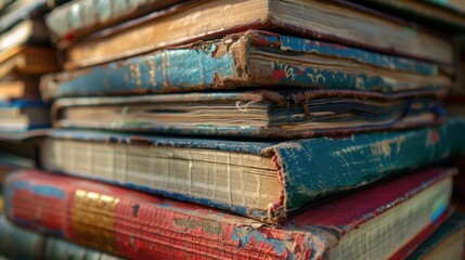A close-up shot of a stack of well-worn school textbooks