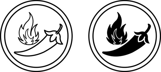 Spicy icons. Black and White Vector Icons of Chili Pepper and Fire. Spicy Food or Sauce. Label for Packaging Spicy Foods