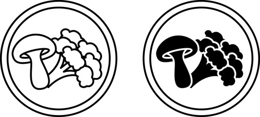 Raw icons. Black and White Vector Icons of Mushroom and Broccoli. Raw and Natural Food. Label for Packaging of Organic Products. Healthy Eating
