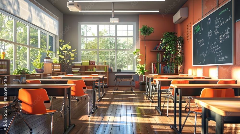 Aufkleber an inviting and modern classroom, featuring interactive panels and ai assistants, designed to enhanc