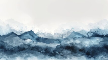 Blue watercolor mountain landscape.