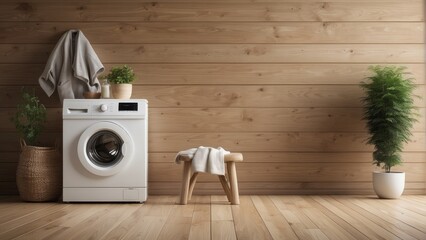 Interior home of laundry room with modern washing machine on wooden wall copy space