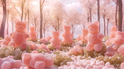A whimsical candy forest filled with pink gummy bears and assorted sweets under a dreamy pastel sky.