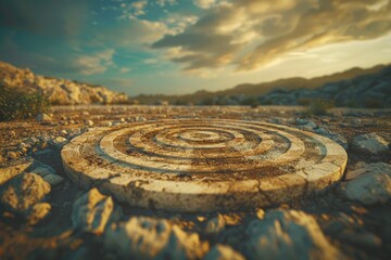 Obraz premium Ancient stone spiral structure in a rocky desert landscape at sunset, with dramatic clouds and mountains in the background.