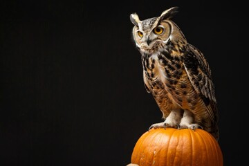 Obraz premium An owl standing on a halloween pumpkin against a black background