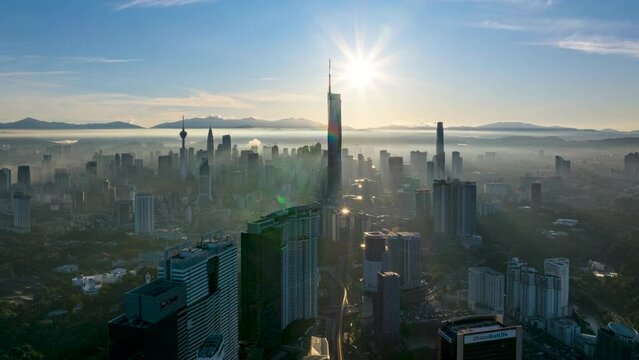 4K footage of Aerial Hyperlapse Panoramic city skyline of Kuala lumpur during beautiful sunrise