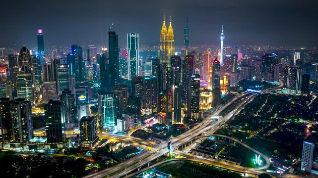 Aerial establish Hyperlapse footage of The Kuala Lumpur City during night life