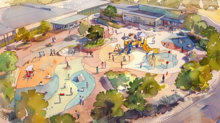 Aerial view of an innovative school campus, featuring various engaging learning stations and interactive playgrounds, watercolor style, soft hues, imaginative and inviting scene