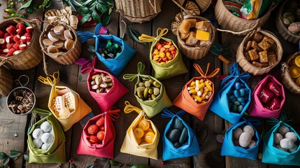 Vibrant gift bags filled with assorted candies and treats on a rustic wooden table, surrounded by wicker baskets.