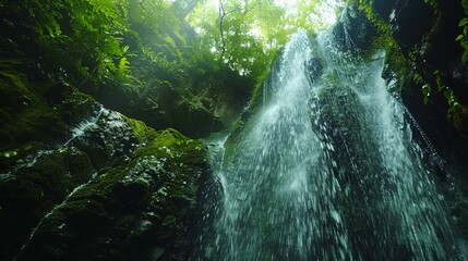 A remote, crystal-clear waterfall cascading down a mossy cliff face, hidden deep within an unexplored rainforest