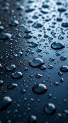 drops of water on a smooth surface, illuminated by warm light. Drops create interesting reflections and textures, adding depth and contrast