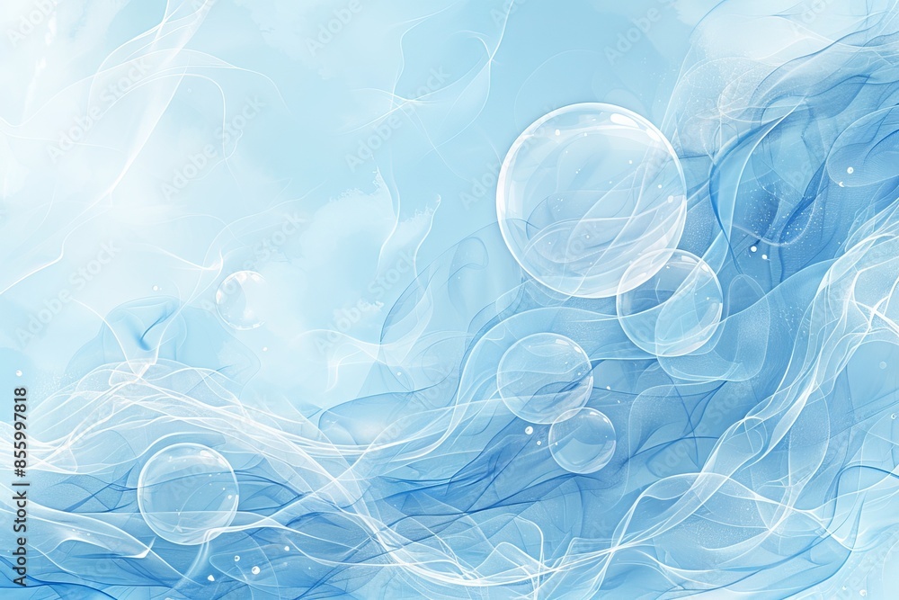 Poster blue and white bubbles against a background of flowing lines and textures, creating an airy and ligh